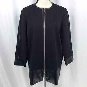 Ming Wang Faux Leather Trim Jacket Womens Size Medium Black Gold Full Zip
